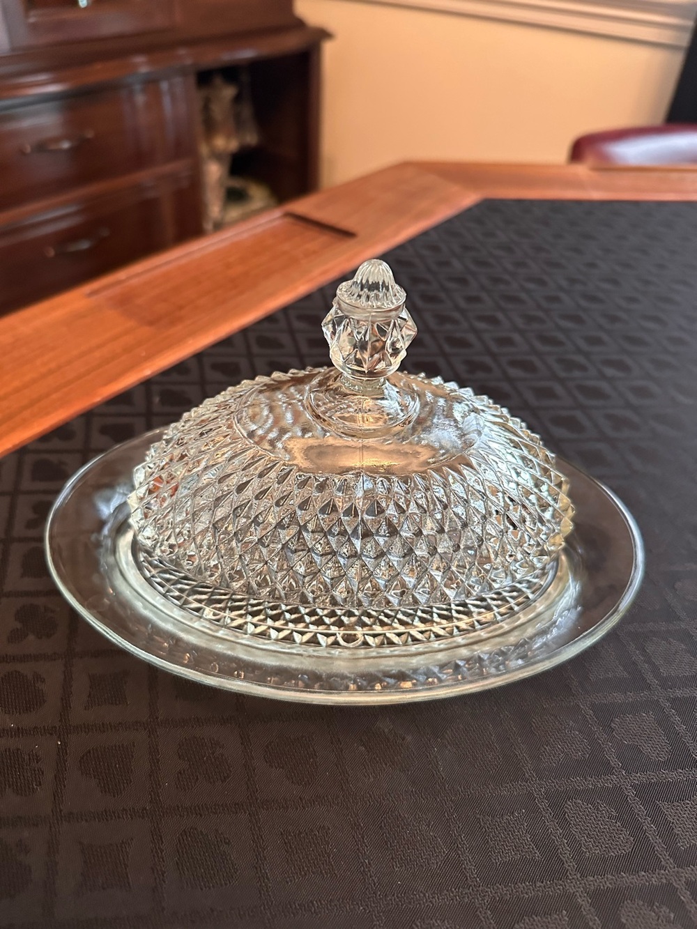 Vintage Indiana Glass Diamond Point Clear Covered Butter Dish Dome Lid